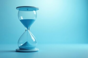 Glass hourglass on a light blue background with fog, flat, blue, serene