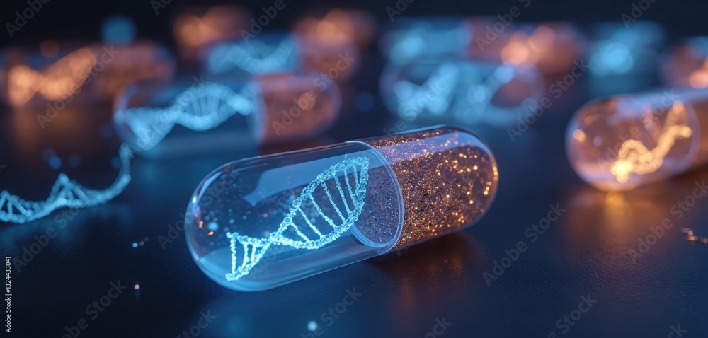 Poster close-up of glowing dna structure inside capsules. concept of advanced bio technology, genetic engin