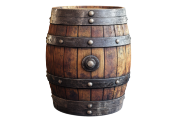 An enchanting wooden barrel adorned with metallic accents and historical charm in soft lighting isolated on transparent background