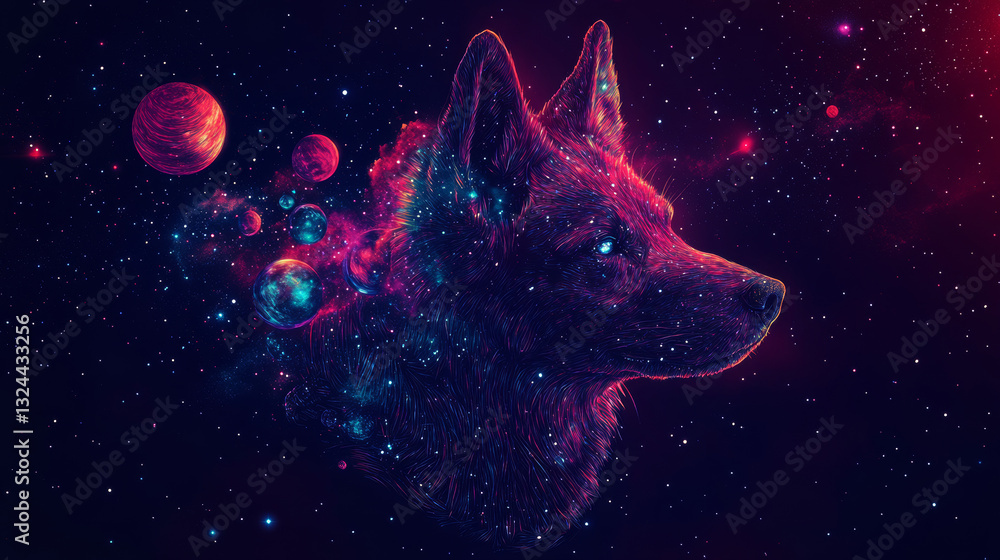 Poster abstract image of 2018 with head of dog in the form of a starry sky or space, consisting of points, 