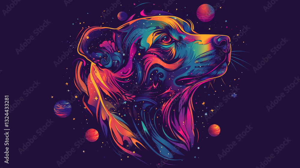 Poster abstract image of 2018 with head of dog in the form of a starry sky or space, consisting of points, 