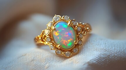 Fototapeta premium Close-up of a stunning opal and diamond ring, showcasing its intricate design and brilliant gemstone. Luxury and expensive items. Elegant Opal and Diamond Ring: A Close-Up