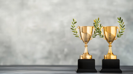 Three golden trophies with laurel wreaths displayed on a wooden table, symbolizing victory, achievement, and success.
