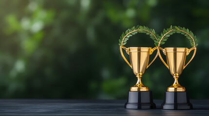 Three golden trophies with laurel wreaths displayed on a wooden table, symbolizing victory, achievement, and success.
