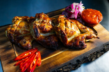 Grilled chicken served with spicy sauce and pickled onions
