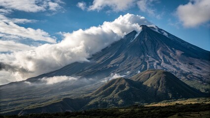 Fototapeta premium Majestic volcano mountain against a dramatic sky, with clouds swirling around its summit. Perfect for illustrating natural wonders, geological formations, and breathtaking landscapes
