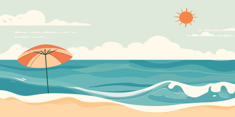 Fototapeta premium Summer Beach Vacation Illustration with Palm Trees and Ocean Waves