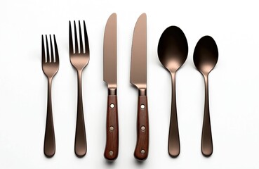 High angle of dark chrome cutlery set of two forks, knives and spoons with wooden handles lying on white surface. Cooking equipment concept for food preparation.