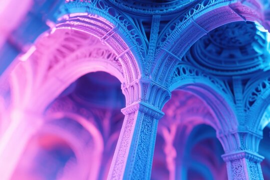 This photo captures a detailed view of a blue and pink structure showcasing its intricate design and vibrant colors Binary code visualizing human DNA strands or chromosomes .