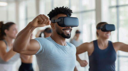 A group of enthusiastic individuals engages in a high-energy virtual reality workout at the gym, Virtual reality fitness session gym and innovative technology.