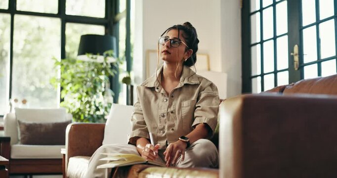 Thinking, home and woman on sofa with diary for writing ideas, inspiration and brainstorming. Living room, journal and person with notebook for mindfulness, thoughtful and creative planning on couch
