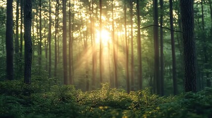 Obraz premium Sunlight streaming through trees in a lush forest nature photography calm and serene environment