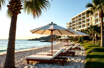 organization of recreation on the territory of a comfortable hotel on the seashore, with a sandy beach and palm trees. tourist destinations for recreation