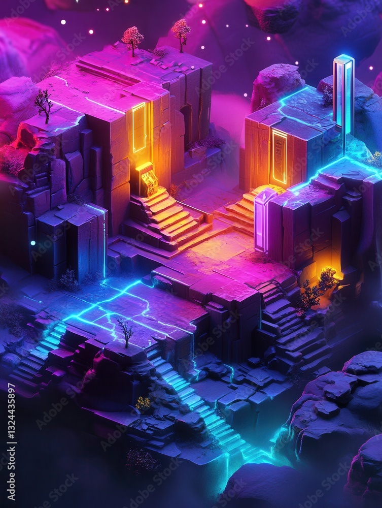 Poster dynamic isometric gaming-inspired landscape features stylized terrain with colorful lighting effects