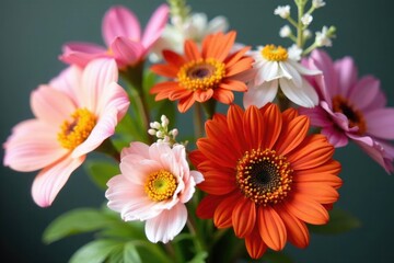 A bouquet of mixed flowers with a natural and organic feel, arrangement, flower arrangement, floral