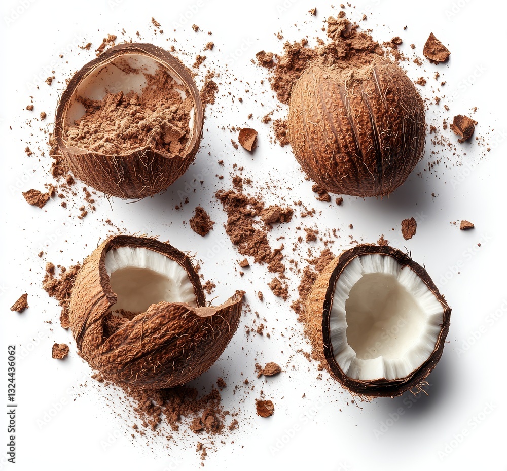Poster broken coconut shells scattered with inner flesh and cocoa powder on a white background showcasing n