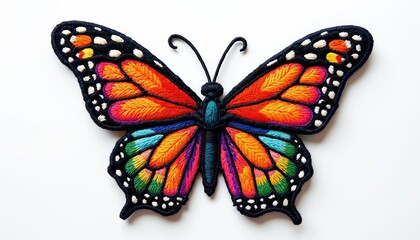 Fototapeta premium Vibrant multicolored embroidered butterfly patch boasts intricate thread work. Lively hues. Detailed textured art. Hand-made nature decoration with playful traditional artistic insect motif, ornament