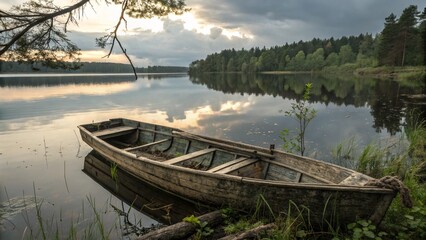 Obraz premium Rustic wooden boat gently floating by the lakeside, surrounded by green grass and still water. Perfect for illustrating quiet nature escapes, serene landscapes, and simple outdoor living