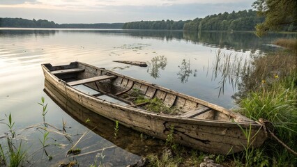 Obraz premium Tranquil scene of an old wooden rowboat moored by a calm lake shore, reflecting peacefulness and simple rural life. Ideal for nature backgrounds, relaxation themes, and rustic imagery