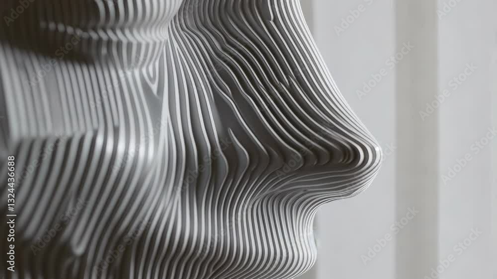 Poster sculptural form of a face created with layered materials against a light background showcasing intri