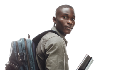 Confident university student walking with backpack and books on transparent background