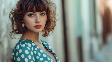 Portrait of a young woman in polka dot dress urban setting fashion photography soft lighting close-up shot elegance
