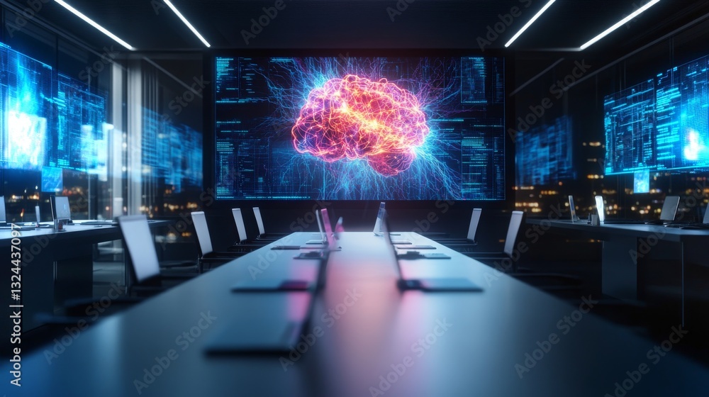 Poster advanced technology conference room showcasing ai neural networks in a modern urban setting