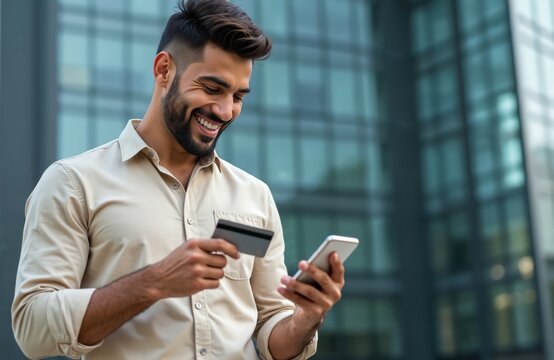 Happy successful hispanic businessman smiles uses app on phone for online shopping holding bank credit card outdoor near business building, makes payment online, e-banking secure transaction.