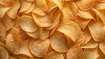 Pile of golden potato chips, highlighting the appetizing color and snackable nature of the popular treat. Perfect for food backgrounds and illustrating snack cravings