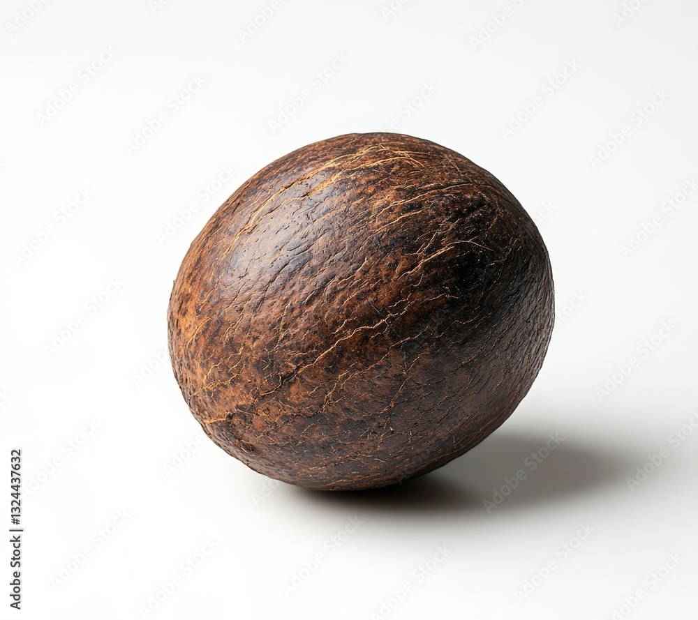 Poster brown spherical object with textured surface, isolated on a light background, showcasing natural fea