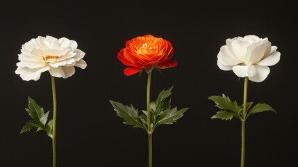 Obraz premium Elegant Trio of Ranunculus Flowers on Black Background: Floral Beauty