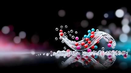 Colorful spheres moving in liquid water with reflections visible in the light