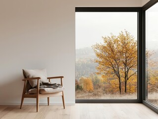 A cozy minimalist reading nook with a floortoceiling window overlooking a serene landscape, ideal for a retreat