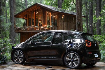 Fototapeta premium EV Charging for Forest Cabin Retreat.