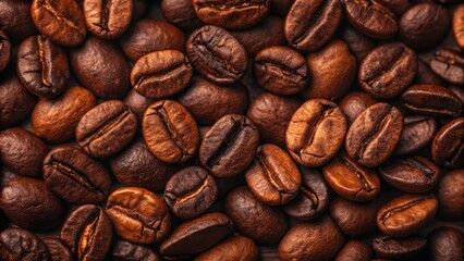Obraz premium Roasted coffee beans texture filling the frame, perfect for backgrounds related to coffee, cafe, or morning themes