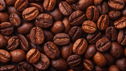 Fototapeta premium Close-up of roasted coffee beans, showcasing their rich texture and warm brown color, ideal for coffee and food-related projects