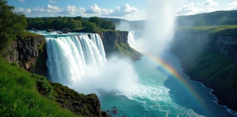 a breathtaking rainbow arcing across the upper part of the falls, greenery, grey rocks