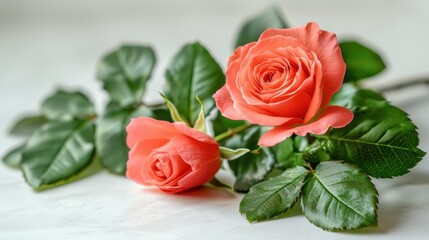 Two Coral Roses on White Surface
