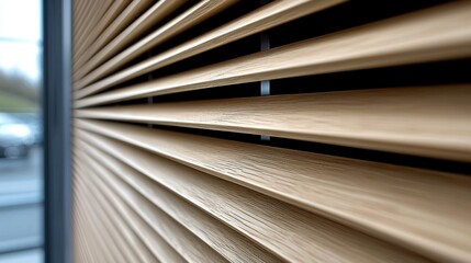 Wood slats texture against glass, detail focusing on natural tones and linear design