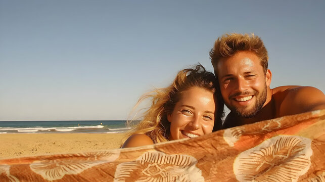 Happy couple smiling together on a sunny beach vacation