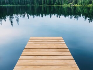 A simple floating wooden dock on a calm lake, serving as a peaceful retreat for meditation and selfreflection