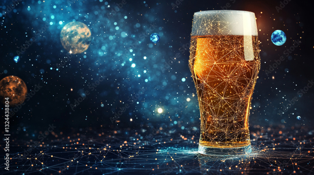 Poster abstract image of a glass of beer in the form of a starry sky or space, consisting of points, lines,