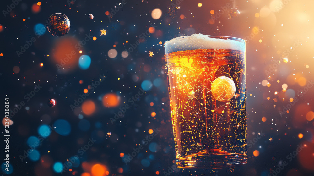 Poster abstract image of a glass of beer in the form of a starry sky or space, consisting of points, lines,