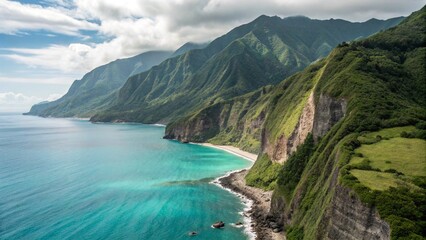 Obraz premium Dramatic coastal landscape featuring steep green cliffs meeting a turquoise sea under a dynamic, cloudy sky