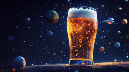 Abstract image of a glass of beer in the form of a starry sky or space, consisting of points, lines, and shapes in the form of planets, stars and the universe. Alcohol vector wireframe