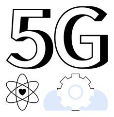 Bold 5G text with atomic heart symbol, gear, and cloud representing innovation, speed, and connectivity. Ideal for technology, communication, networks, IoT science efficiency futuristic design