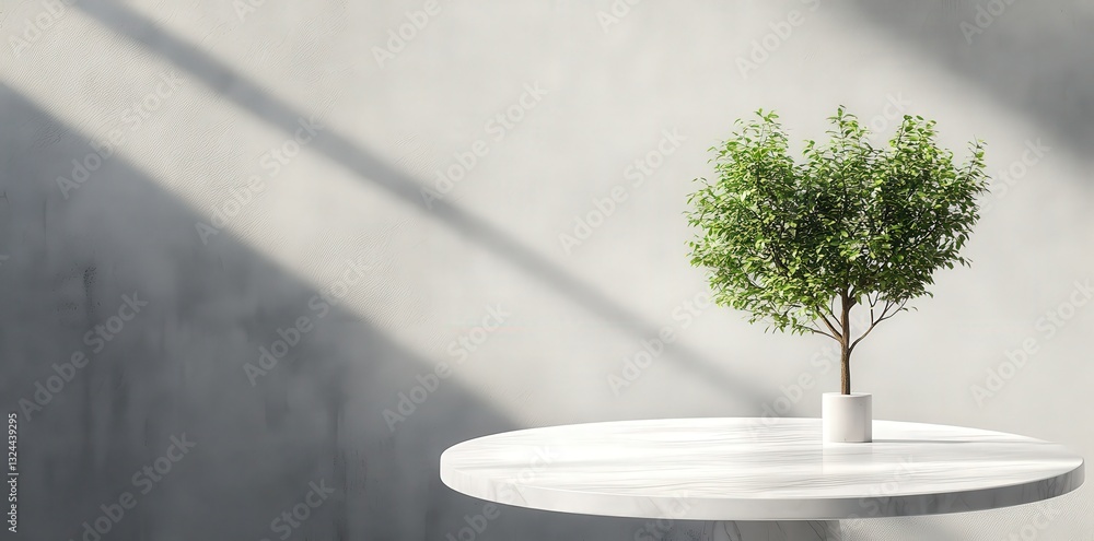 Poster a small potted tree stands on a white table, casting soft shadows against a gray wall, creating a se