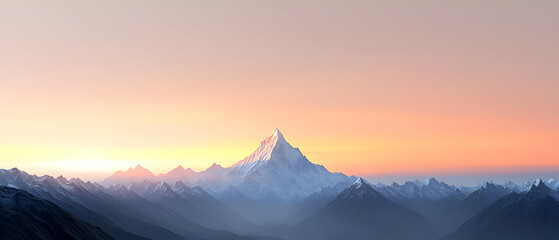 Majestic Snow-Capped Mountain Peak at Sunset in a Serene Winter Landscape with an Orange and Pink Sky