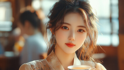 Captivating woman sipping tea cozy indoor space portrait photography warm atmosphere close-up view serenity concept