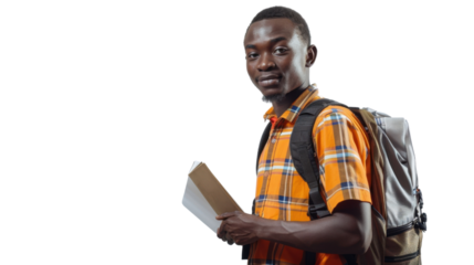 Young student holding book and wearing backpack on transparent background